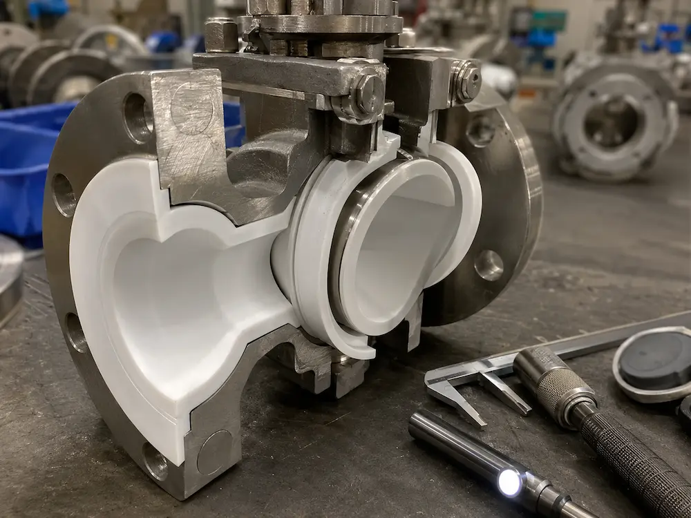Sede da válvula PTFE e detalhe do revestimento para serviços químicos