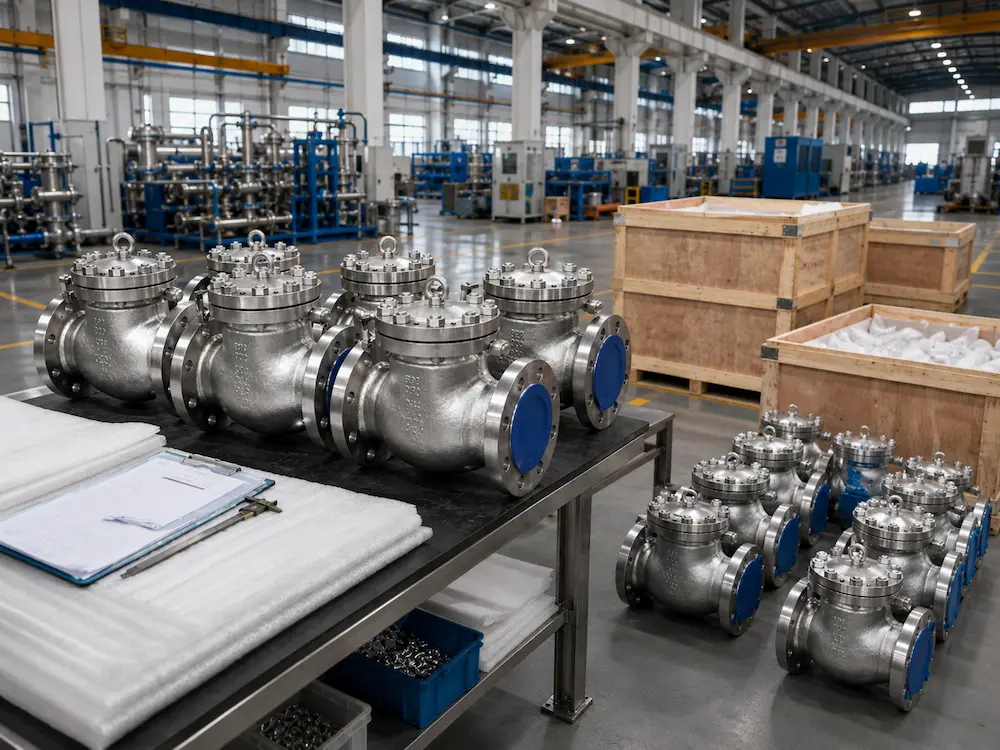 Stainless steel swing check valve pressure test and export packing before shipment
