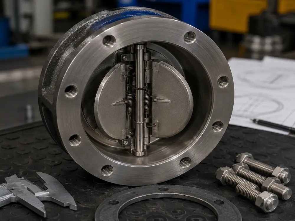 Dual plate check valve internal spring assisted plates and hinge structure
