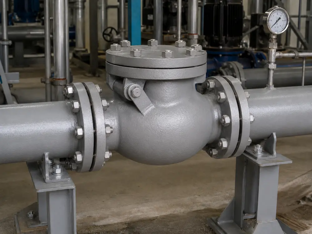 Flanged check valve installed in industrial pipeline with bolted flanges