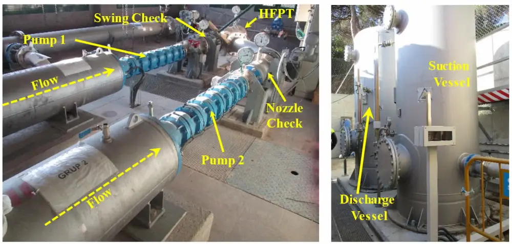 Nozzle check valve installed in long industrial pipeline for water hammer control