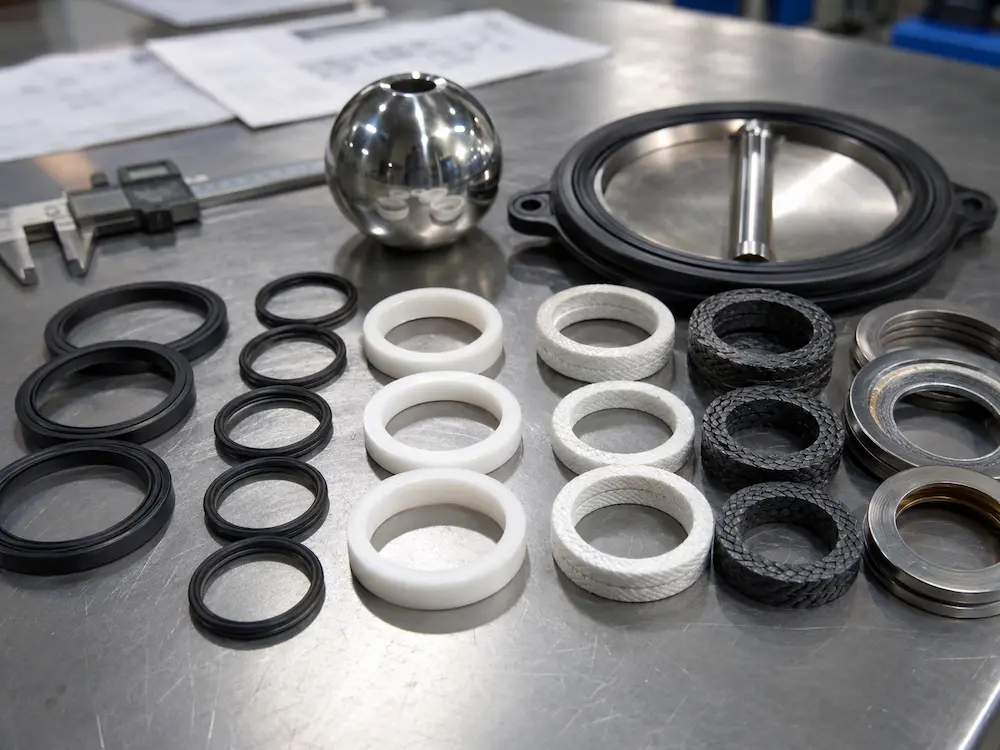 Valve seat and seal material selection including EPDM NBR FKM PTFE graphite and metal seats