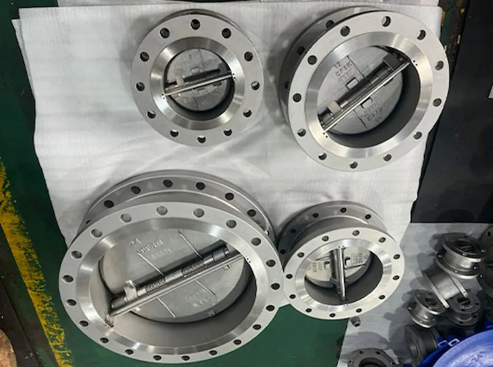 Wafer check valve installation between flanges with gaskets and through bolts