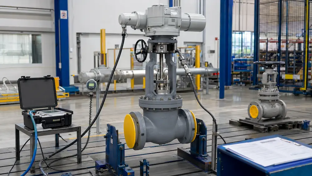 Actuated Valve Thrust Functional Test Multi-turn actuated rising-stem valve thrust and travel functional test before shipment