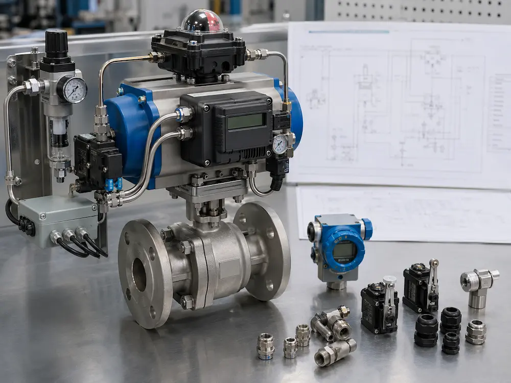 Automated valve control accessories including positioner solenoid and limit switch