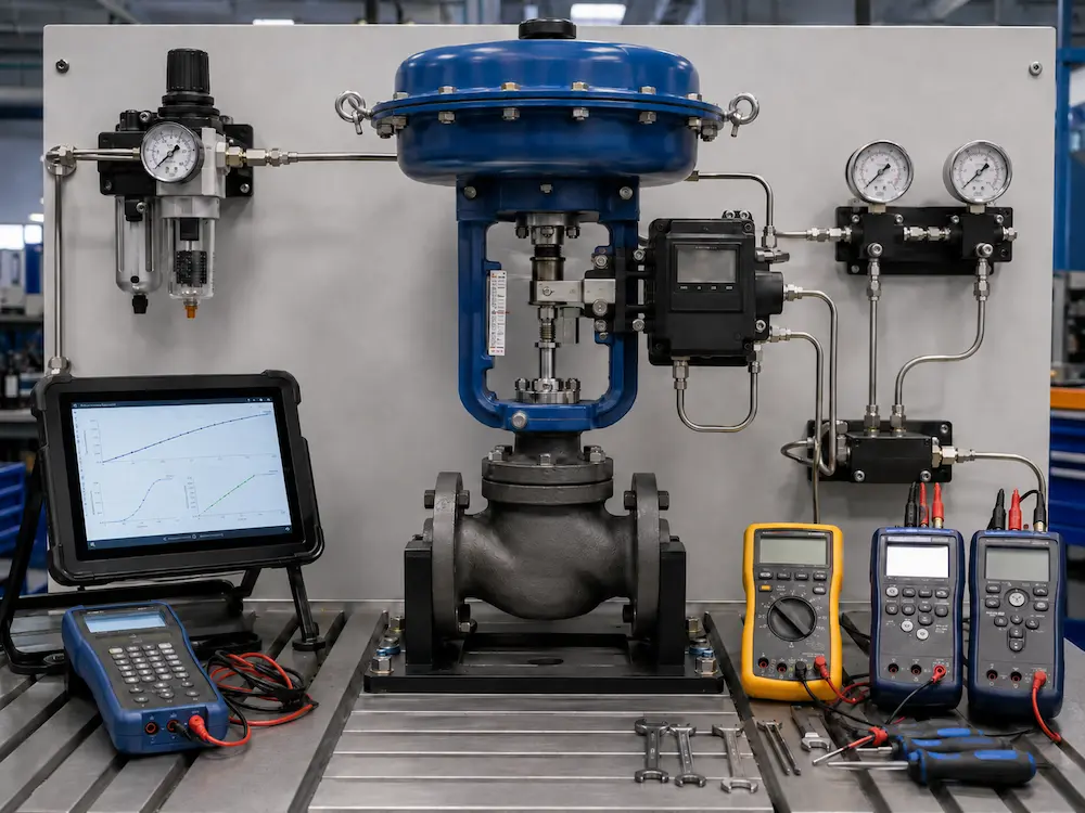 Control valve positioner calibration workstation with actuator travel and signal testing