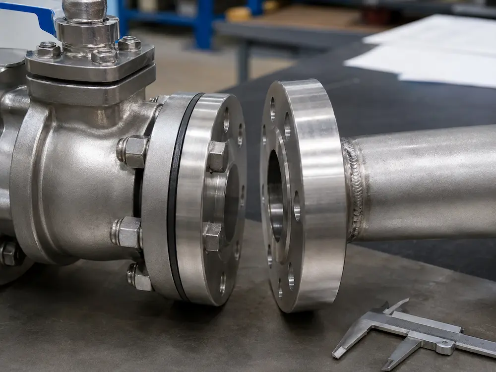 Flanged valve connection inspection with raised face flange gasket and bolts