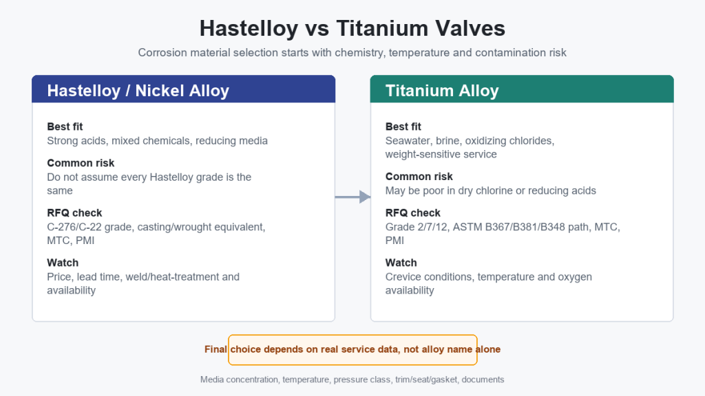 Biểu đồ lựa chọn vật liệu ăn mòn van Hastelloy và titan cho dịch vụ hóa chất và nước biển