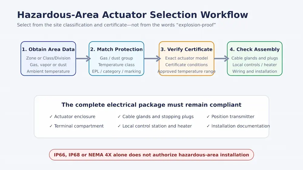 Hazardous area electric valve actuator selection workflow using classification and certificate data