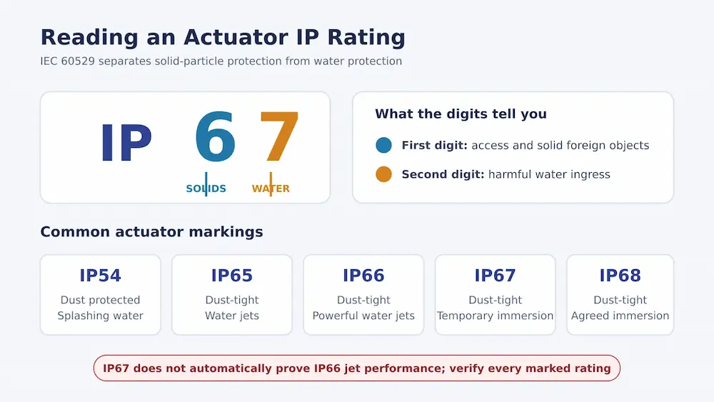IP rating code for electric valve actuators showing solid and water protection digits