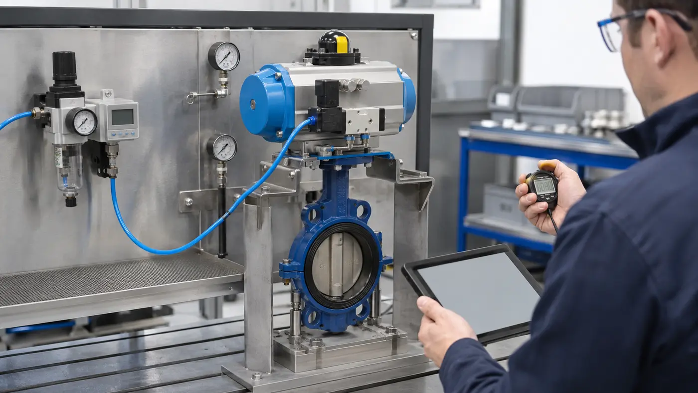 Pneumatic actuated butterfly valve cycle time verification with flow meter, gauges and stopwatch