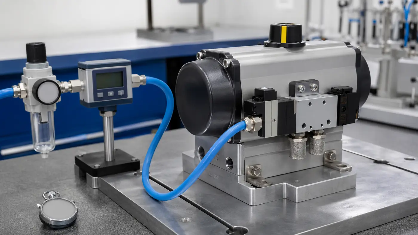 Double-acting pneumatic actuator air consumption test with NAMUR solenoid, regulator and flow meter