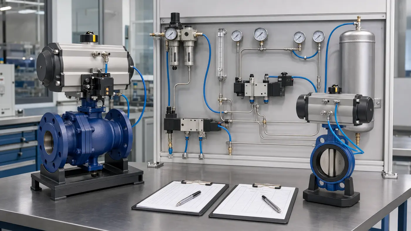 Pneumatic actuator air consumption test system with actuated valves, regulator, gauges and air receiver