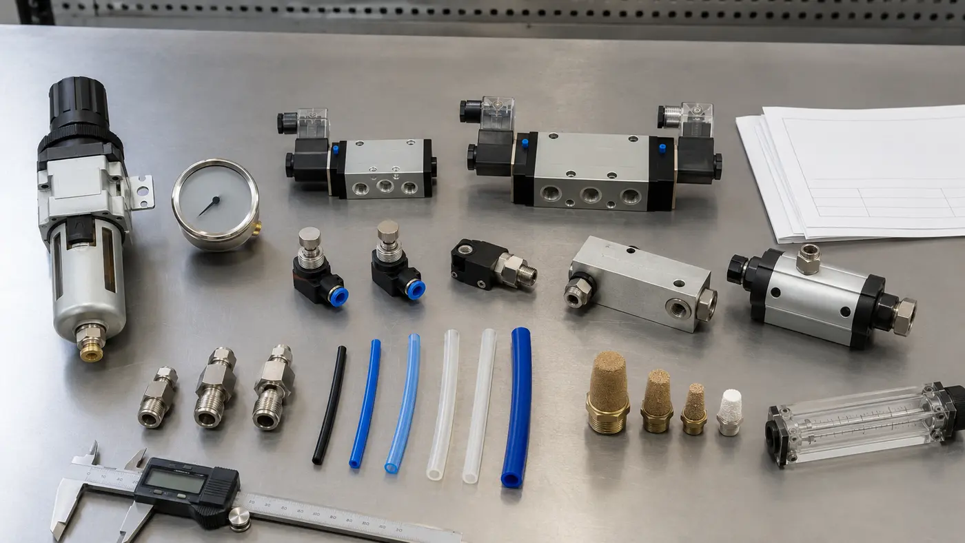 Pneumatic air supply components including regulator, solenoid valves, fittings, tubing, silencers and flow meter