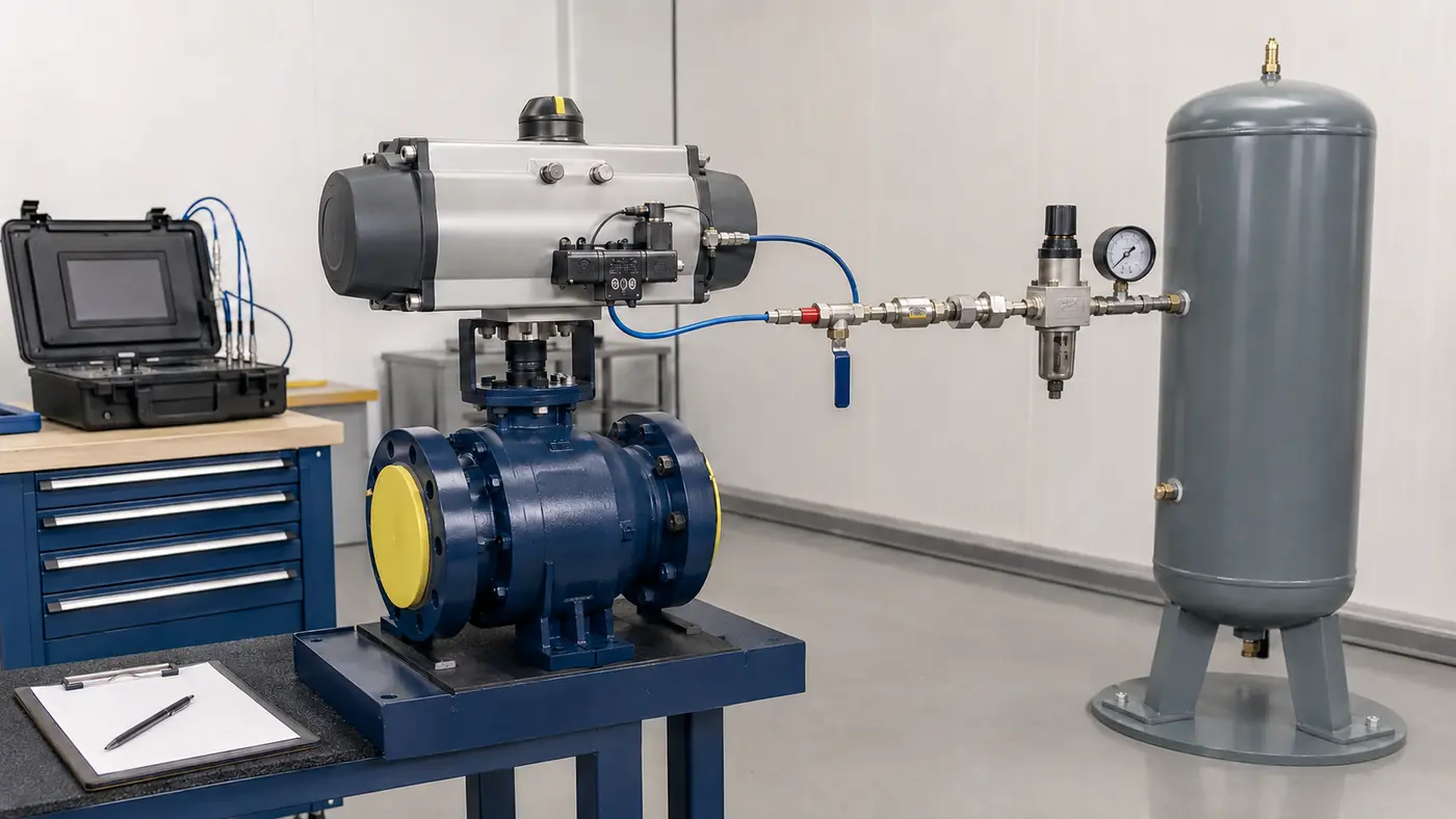 Pneumatic actuated ball valve connected to a local air receiver for fail-safe operation testing
