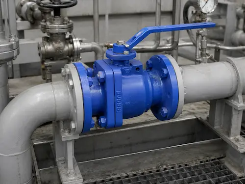 صمام كروي مبطن بـ PTFE مثبت في خط الأنابيب الكيميائي بواسطة Vcore Valve