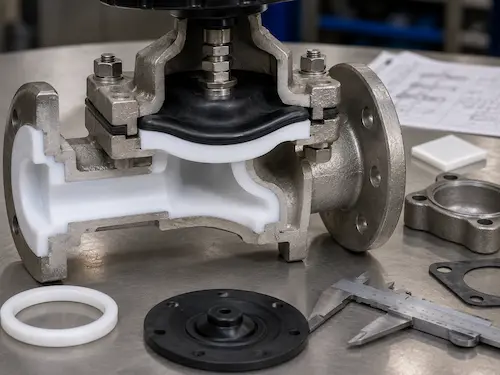 โครงสร้างการแยกไดอะแฟรมของวาล์วไดอะแฟรมบุด้วย PTFE โดย Vcore Valve