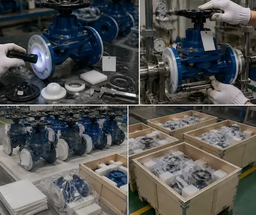 การตรวจสอบซับวาล์วไดอะแฟรมเรียงรายด้วย PTFE และส่งออกบรรจุภัณฑ์โดย Vcore Valve