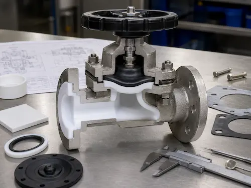 โครงสร้างชิ้นส่วนที่เปียกของวาล์วไดอะแฟรมบุด้วย PTFE โดย Vcore Valve