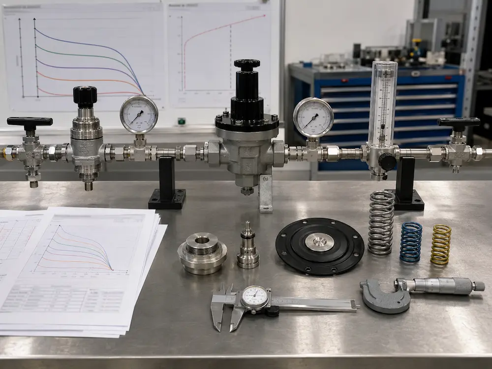 Pressure regulator flow curve showing droop lockup and operating range