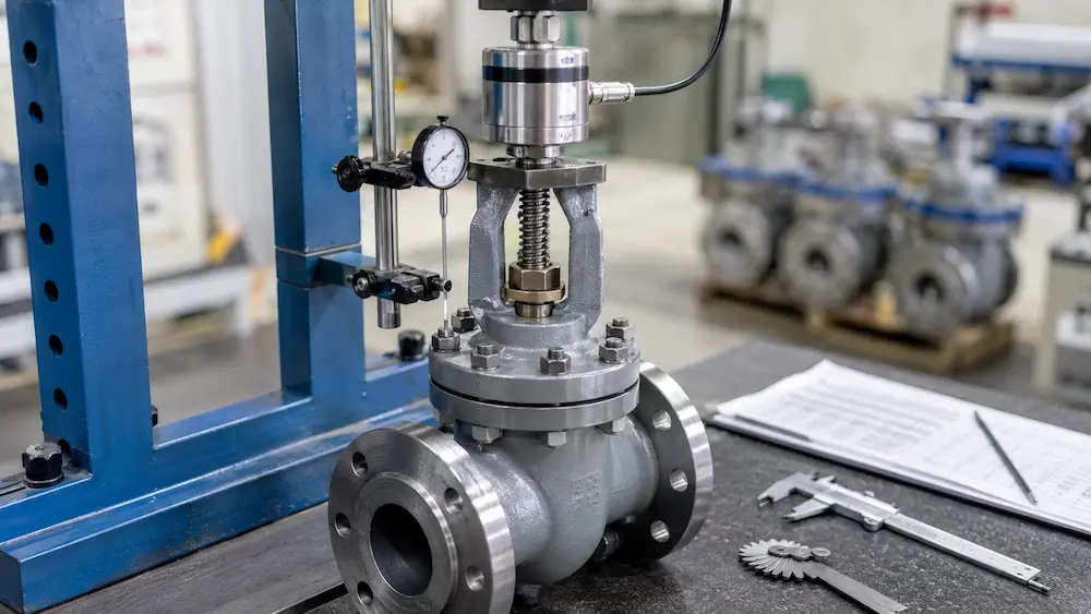 Rising-Stem Valve Thrust Measurement Axial load cell measuring rising-stem valve thrust during functional testing