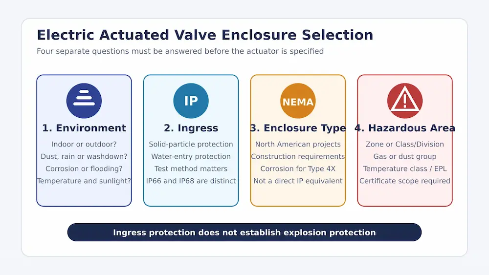 Electric actuated valve enclosure selection based on environment, IP rating, NEMA type and hazardous area
