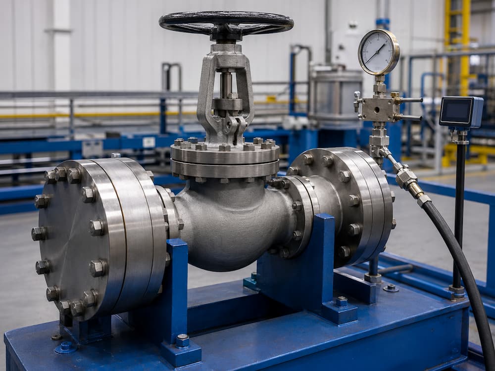 Flanged industrial valve secured on a hydrostatic test bench during Factory Acceptance Test