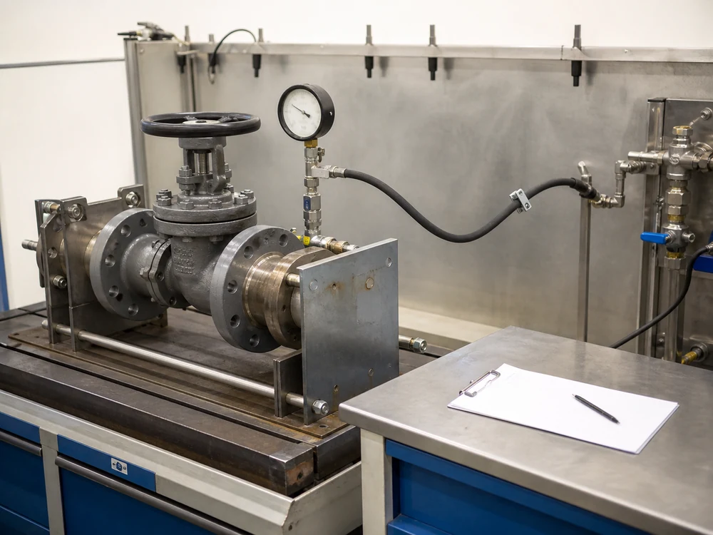 Industrial valve hydrostatic pressure testing with an analog pressure gauge