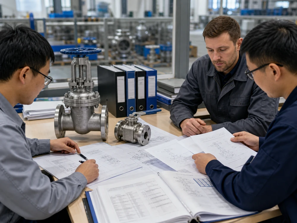 Revisión de estándares internacionales en ingeniería de fabricación de válvulas con planos de válvulas y especificaciones de proyecto.