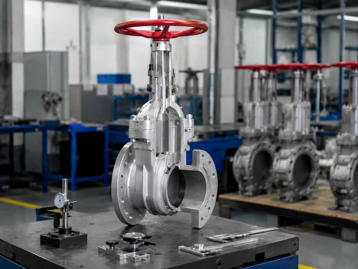 Slide Gate Valve Factory Inspection and Export Packing Slide gate valves undergoing dimensional inspection functional testing and export packing