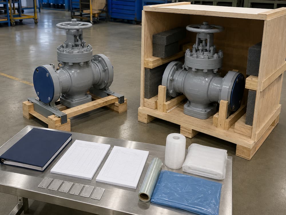 Finished industrial valves with flange protectors, final inspection records and export packing after FAT