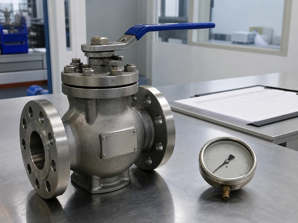 Industrial valve body and nameplate reviewed for pressure class and material