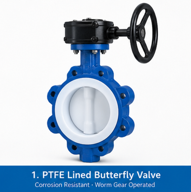 PTFE lined butterfly valve with worm gear for corrosive chemical service
