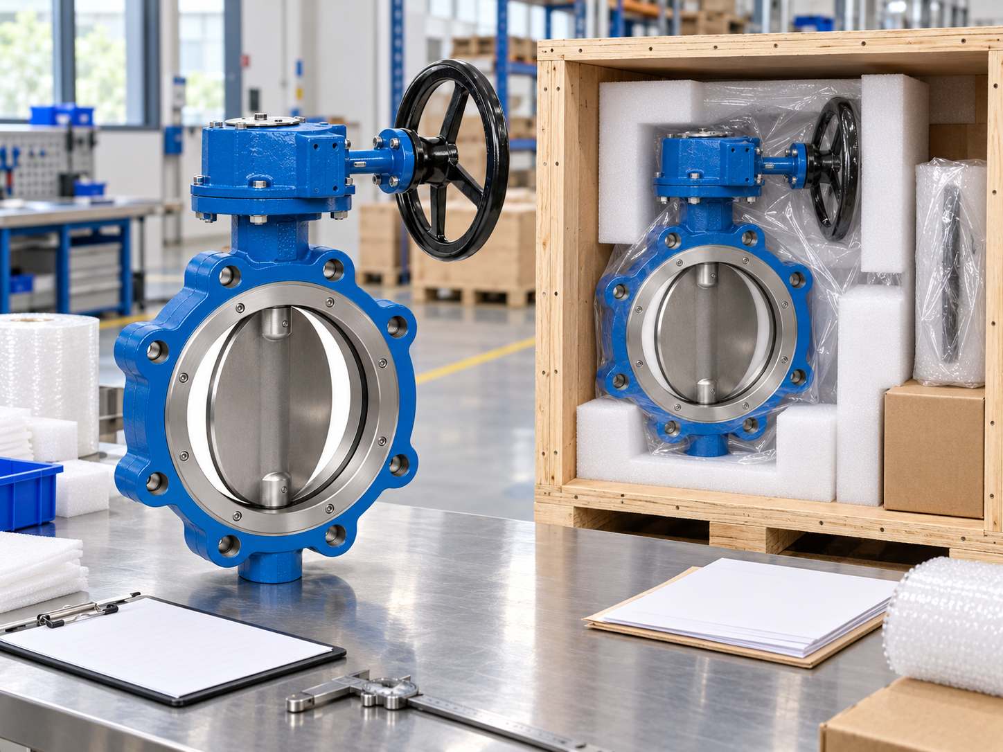 Double offset butterfly valve final inspection and protected export packing in valve factory