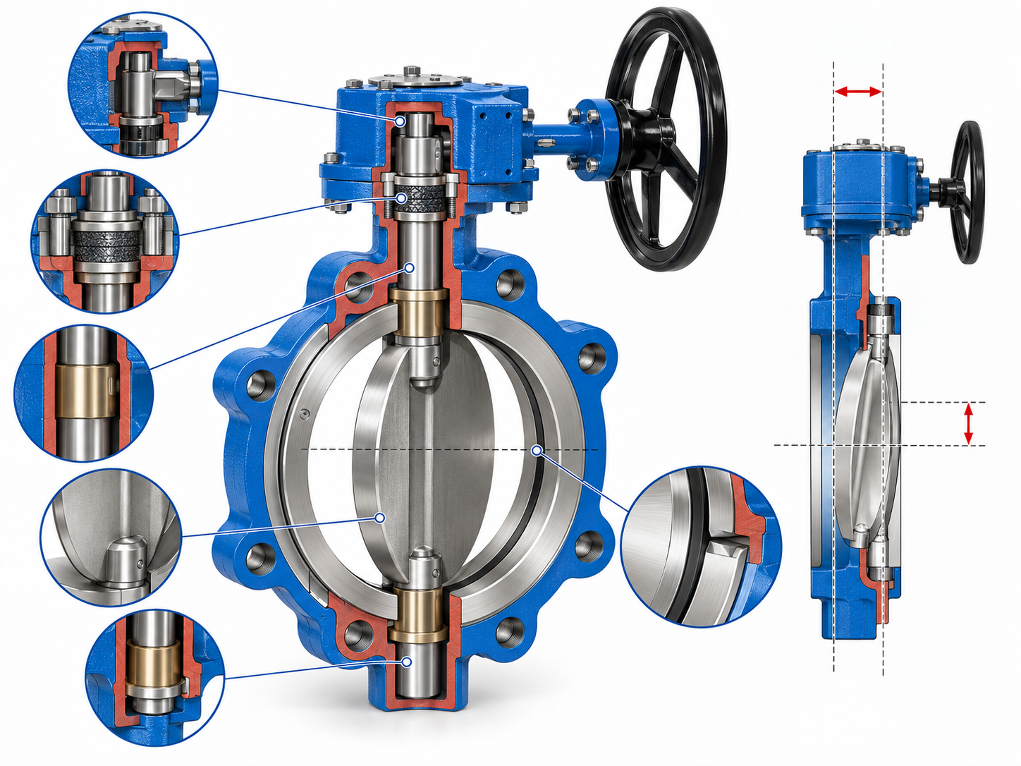 Double offset butterfly valve undergoing factory dimensional disc and seat inspection