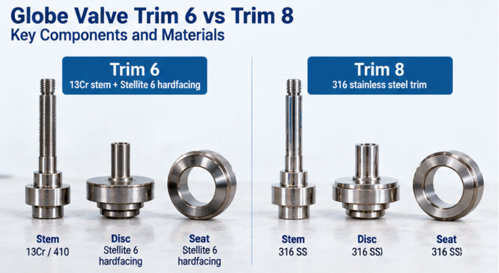 Flanged globe valve with stem disc and seat components laid out for trim material identification