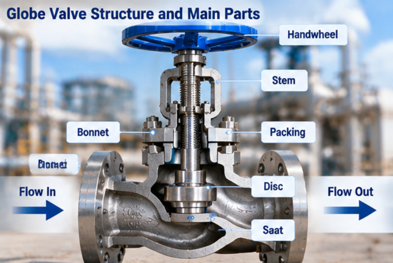 Engineering cutaway of globe valve identifying stem disc seating face body seat and backseat
