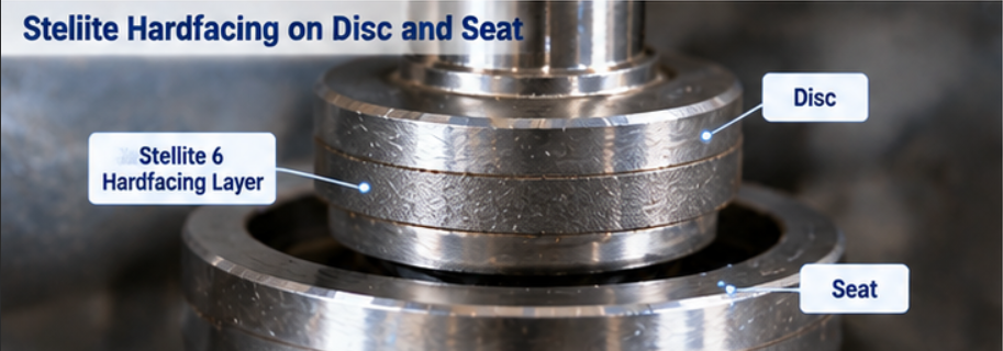 Close-up of globe valve seat ring hardfacing and machined disc sealing surface