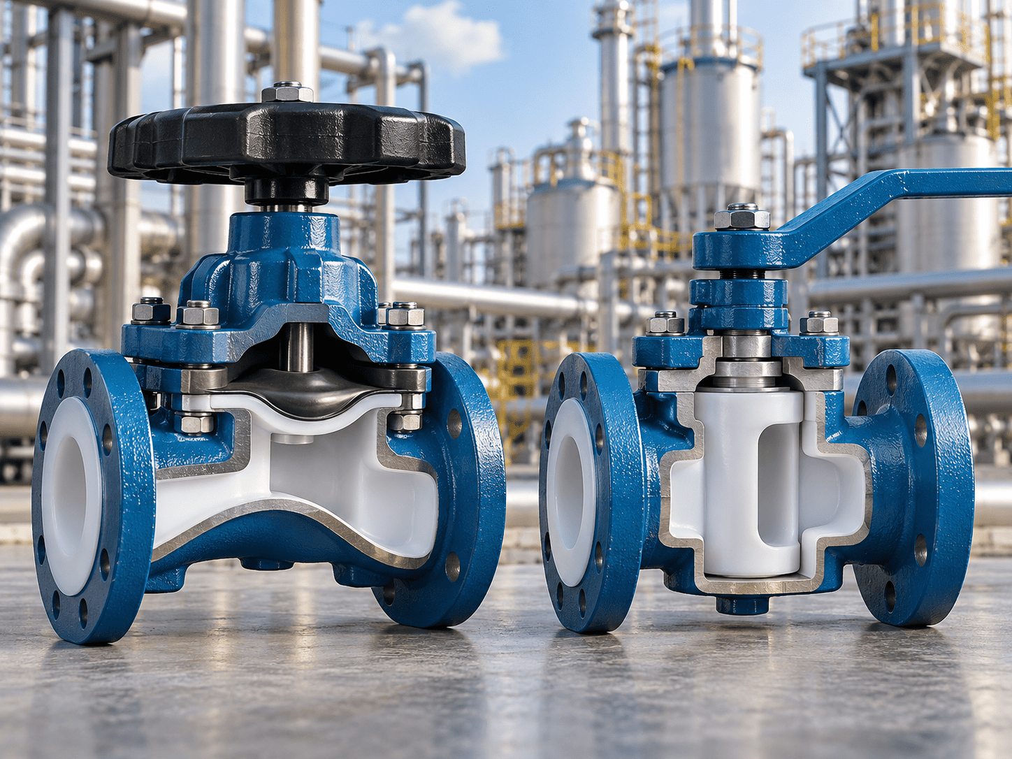 PTFE lined diaphragm valve and PTFE lined plug valve compared for corrosive chemical pipeline service