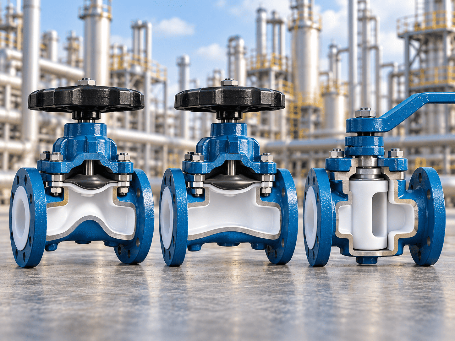 Industrial chemical processing pipeline equipped with corrosion-resistant PTFE lined diaphragm and plug valves