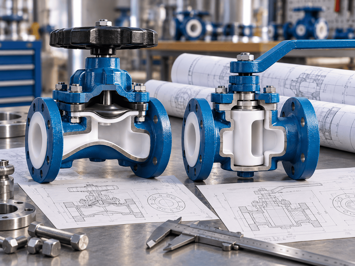 Factory engineer inspecting PTFE lined chemical valves including diaphragm and plug valve sealing surfaces