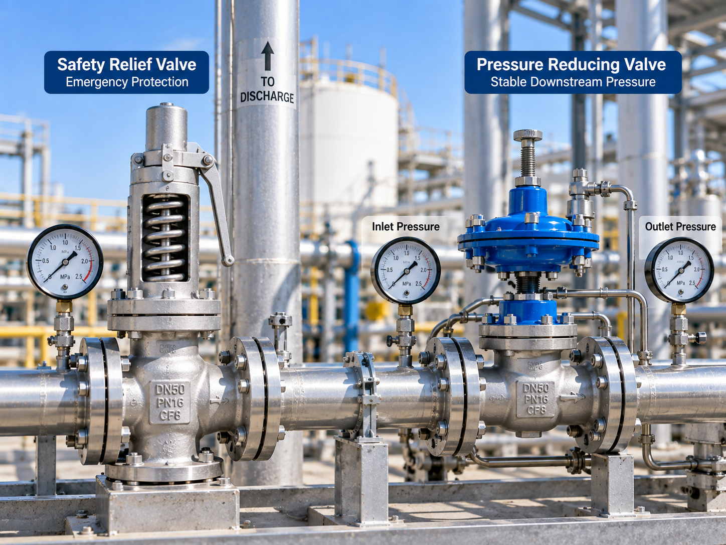 Safety relief valve and pressure reducing valve shown side by side in industrial pipeline applications