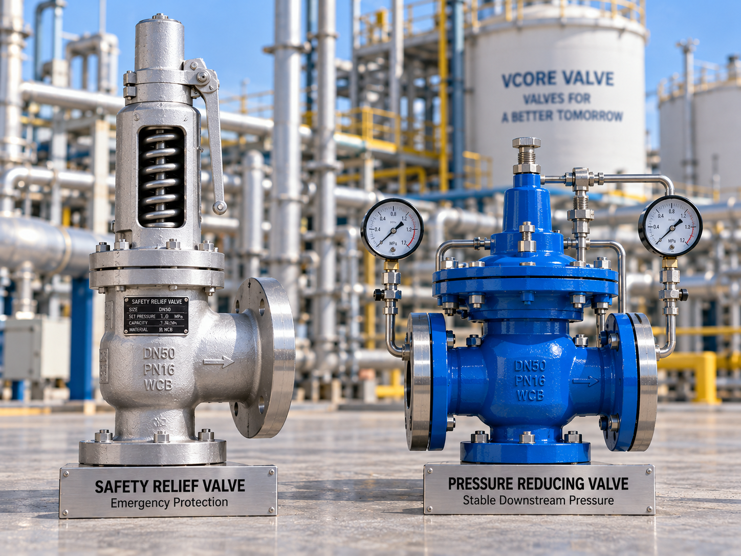 Technical comparison of pressure relief valve discharge branch and pressure reducing valve inline installation