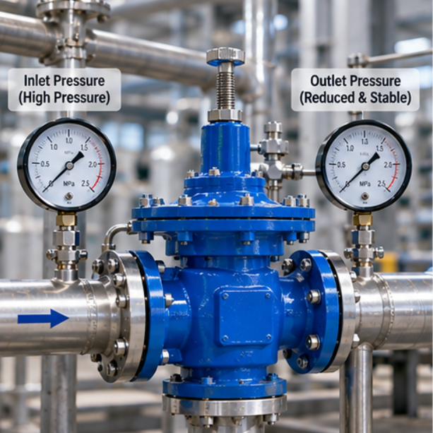 Industrial steam pressure reducing station with downstream safety relief valve and gauges