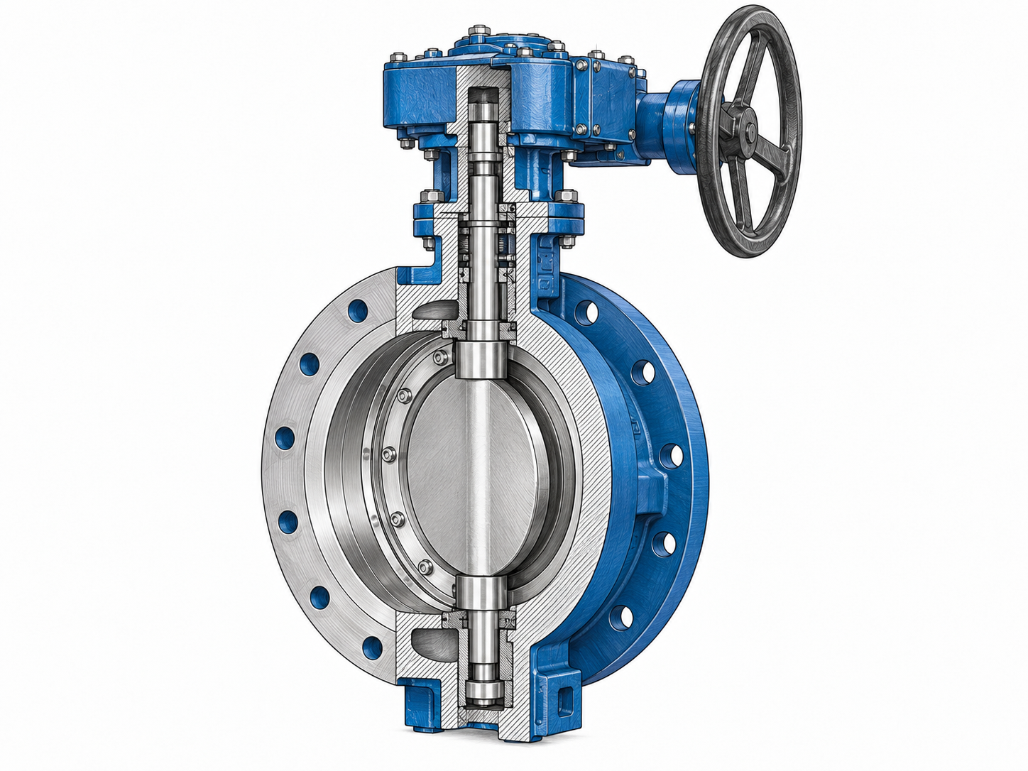 Triple offset butterfly valve undergoing factory dimensional and sealing component inspection