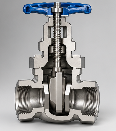 Technische Schnittdarstellung eines Absperrschiebers mit Überwurfmutter und Gewinde, mit Haubenmutter, Spindel, Keil, Metallsitzen und NPT-Innengewindeenden
