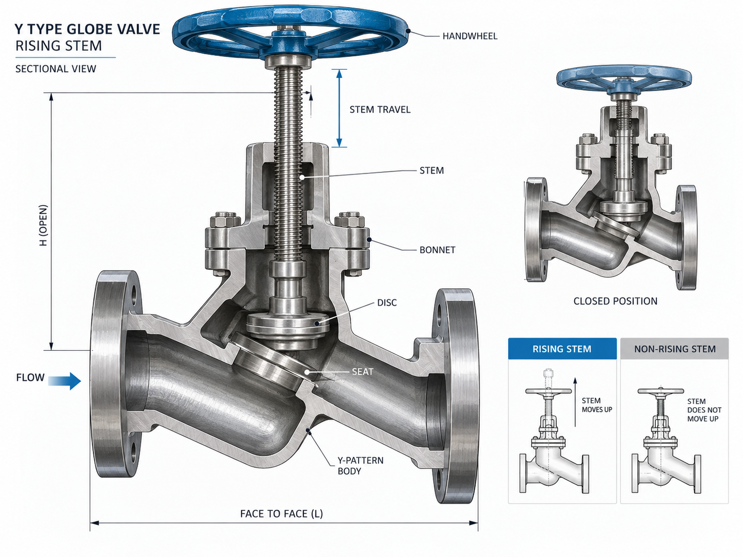 Y pattern globe valve rising stem structure and stem travel engineering diagram