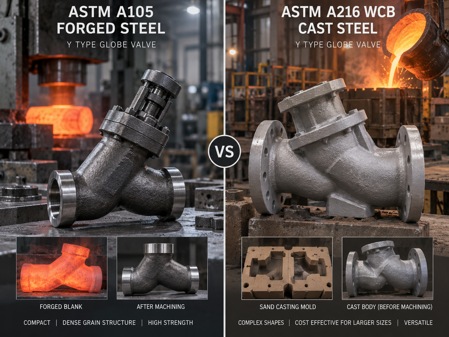 ASTM A105 forged steel versus ASTM A216 WCB cast steel Y type globe valve manufacturing comparison
