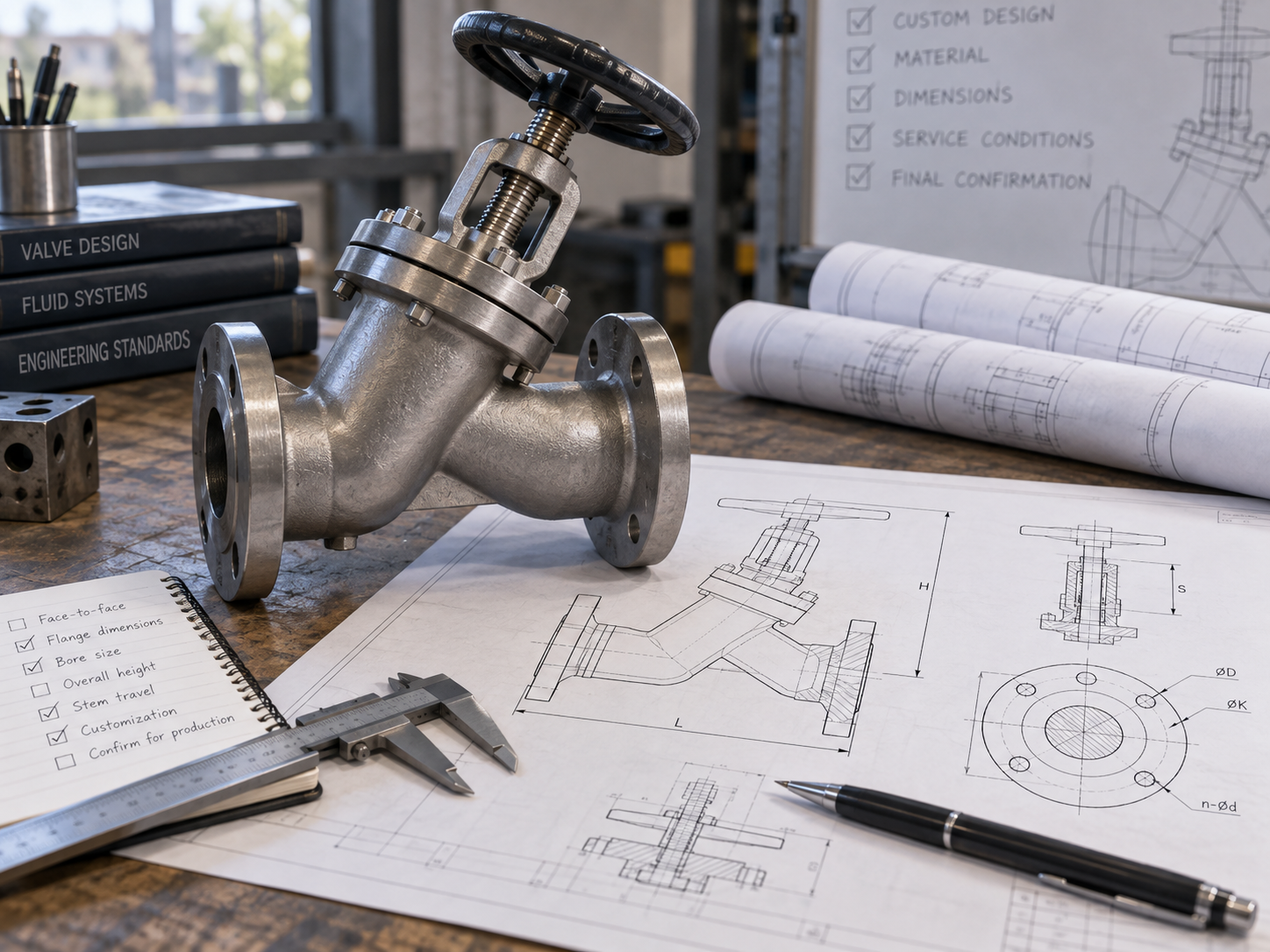 Custom Y Type Globe Valve drawing showing face to face flange bore stem height and handwheel dimensions