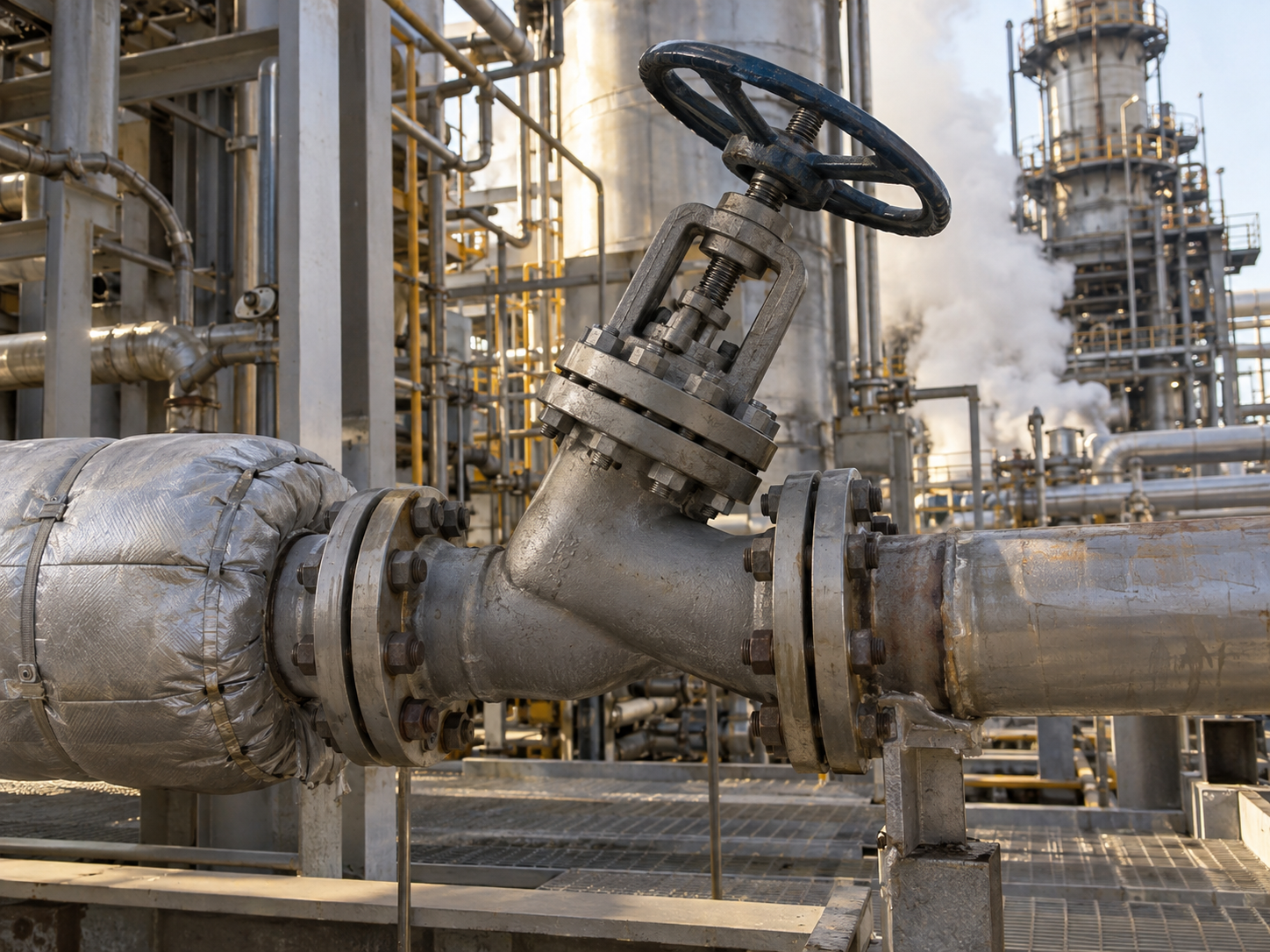 High temperature Y Type Globe Valve installed in 425 degree Celsius steam pipeline